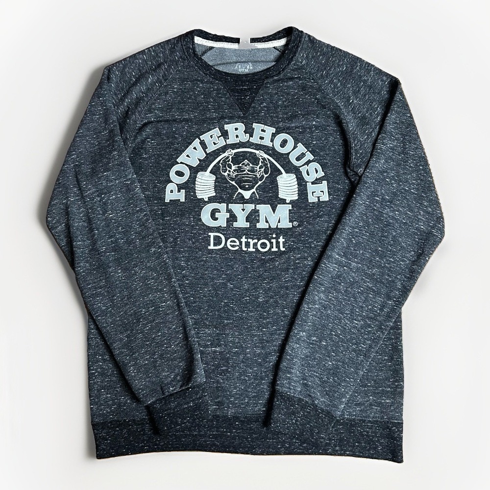 Powerhouse Gym Shirt Mens Medium Gray Thermal Crewneck Detroit Michigan Lifting